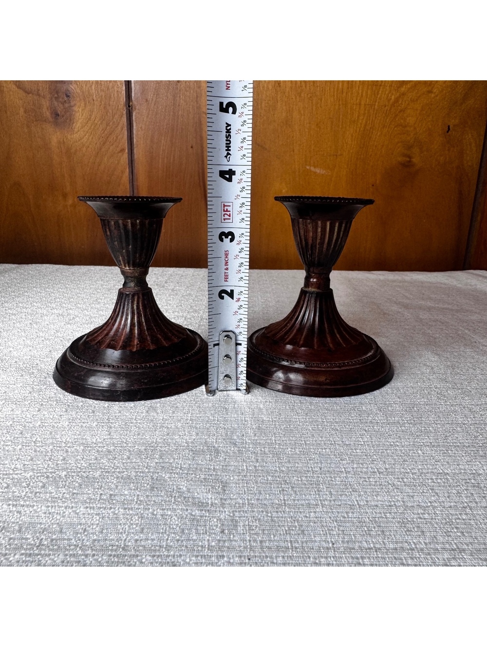 Vintage Hosley Solid Brass Candlestick Holders Pair Fluted Dark Patina India - Picture 9 of 9